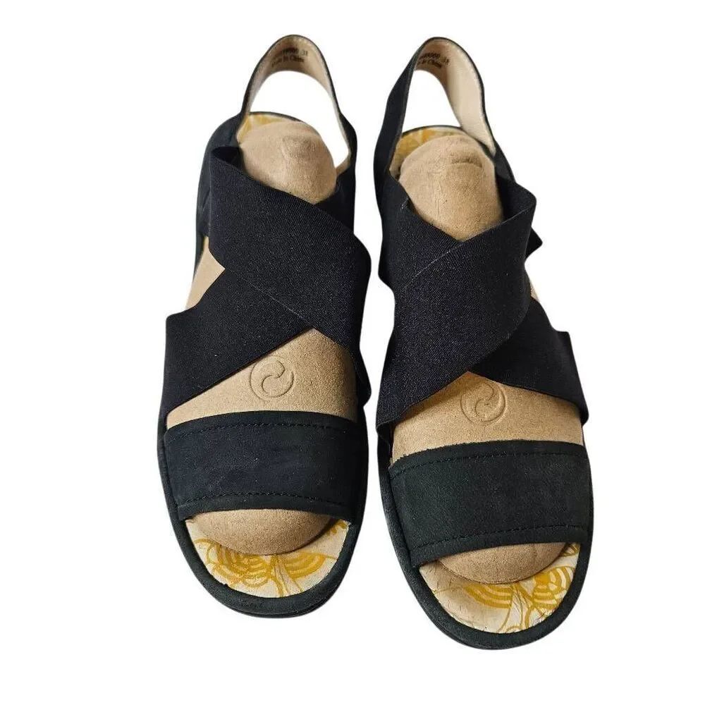 Fly London black wedge cross-band sandals. 38(8).